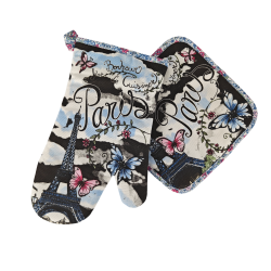 Paris butterfly potholder and oven mitt - black