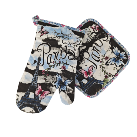 Paris butterfly potholder and oven mitt - black