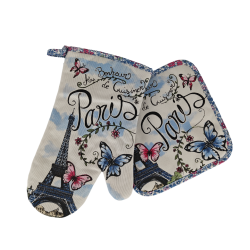 Paris butterfly potholder and oven mitt - white