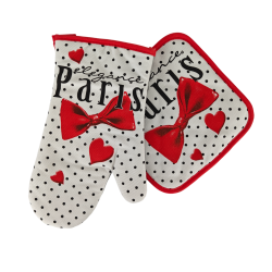 Paris bow tie potholder and oven mitt - white